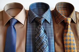 Men's shirts with tied ties lie on a white background. Generated by artificial intelligence photo