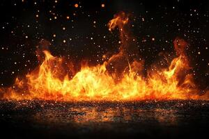 Bright flame of fire with sparks and bokeh in the dark. Generated by artificial intelligence photo
