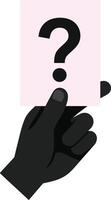A black hand holding a pink card with a question mark in a minimal flat design style showcasing curiosity and inquiry in art vector