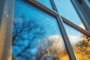 Close-up of clean wet window glass from the outside. Generated by artificial intelligence photo