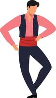 Energetic man dancing in traditional attire with a modern flat design style showcasing vibrant colors in joyful art vector