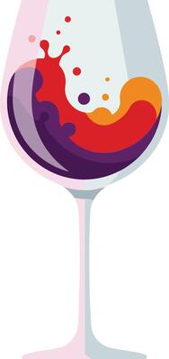 A wine glass filled with vibrant red liquid splashing playfully, designed in a minimalistic and colorful style, perfect for modern art
