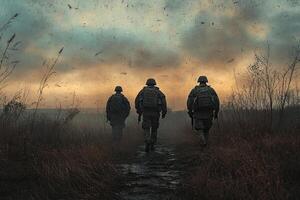 Three men in military clothing, carrying weapons, walk into a field during shelling. Generated by artificial intelligence photo
