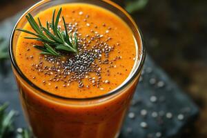 Smoothie with mango, chia seeds and rosemary in a glass. Generated by artificial intelligence photo