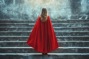 A blonde girl in a long red coat stands on the first step of a high concrete staircase. Generated by artificial intelligence photo