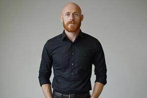 A photograph of a middle-aged man with a bald head and a short red beard, wearing a black shirt. Generated by artificial intelligence photo