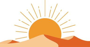 Golden sun rising above rolling sand dunes in a warm desert landscape, showcasing minimalistic design elements in vibrant colors, art vector