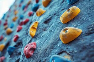 Close-up of ledges and holders on a wall for training climbers. Climbing wall. Generated by artificial intelligence photo