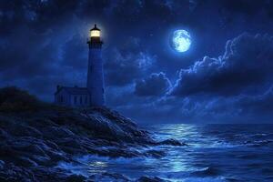 Lighthouse tower on the seashore on a moonlit night. Generated by artificial intelligence photo
