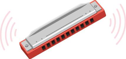 Detailed red harmonica emitting sound waves in a flat design style showcasing music and creativity in vibrant art vector