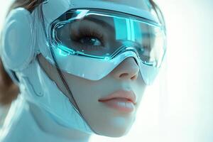 Futuristic image of a girl with neon glow in her eyes and protective glasses. Generated by artificial intelligence photo