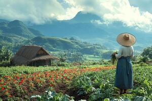 Farm landscape with rice fields and mountains in the background. Asian woman harvesting in her garden. Generated by artificial intelligence photo