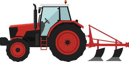 Red tractor with plow attachment in flat design showcasing agricultural machinery and farming activities in art vector
