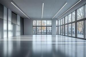 A spacious empty room with panoramic windows. Premises for business. Generated by artificial intelligence photo
