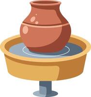 Clay pot resting on a circular fountain base, designed in a minimal style, showcasing serenity in art vector