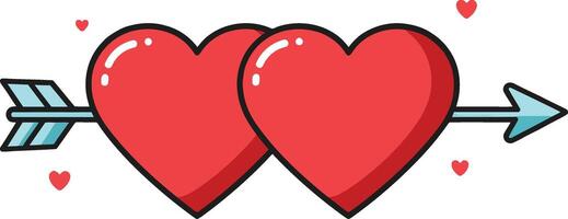 Two vibrant red hearts with a blue arrow piercing through them, flat design showcasing love and affection in a playful illustration vector