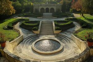 Ancient architecture with a fountain and steps surrounded by green gardens. Generated by artificial intelligence photo