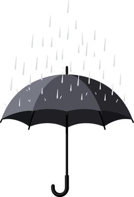 Black umbrella standing under falling raindrops in a minimal, flat design style illustration