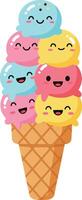 Colorful ice cream cone with smiling scoops in flat design showcasing joy and sweetness art vector