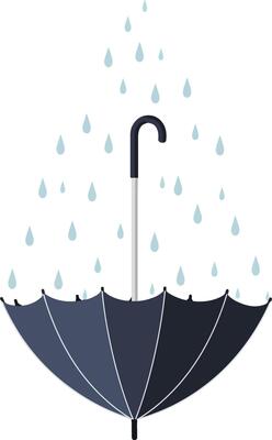 A dark umbrella with raindrops falling around it in a minimal flat design illustration