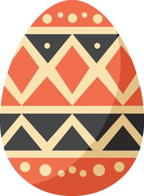 Decorative Easter egg with intricate geometric patterns in a flat design style, showcasing warm colors and festive motifs in vibrant art