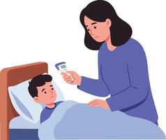 Caring mother checking her sons temperature while he rests in bed, minimal style illustration depicting a nurturing home environment vector