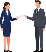 Professional business people exchanging a business card in a modern office setting, flat style illustration vector