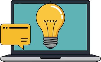 Laptop displaying a bright yellow light bulb and a chat bubble in a flat design illustration vector