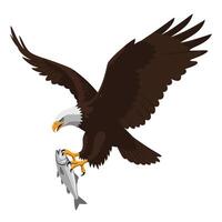 Majestic eagle in flight with a fish in its talons, showcasing detailed art with dynamic movement and natural elements in a bold design style vector