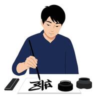 A young man engaged in traditional calligraphy practice, using a brush to create elegant characters, in a flat illustration style emphasizing focus and artistry. vector