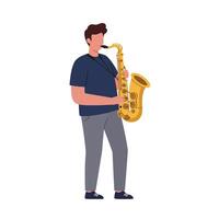 Young man playing a golden saxophone in a flat, minimal style illustration with a joyful and relaxed mood vector