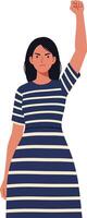 Strong woman raising her fist in defiance while wearing a striped dress in a flat illustration vector