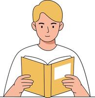 Young man engrossed in reading a yellow book while sitting calmly in a minimal flat illustration vector