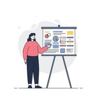 Businesswoman presenting data on a chart in a modern, flat design style showcasing analytics and insights in art vector