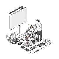 A man working on a robot with various electronic components in a minimal style illustration vector