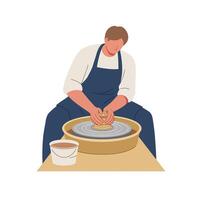 A skilled potter shaping clay on a spinning wheel in a minimal, serene studio while creating beautiful ceramic art in illustration vector