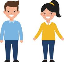 Two cheerful characters standing side by side in a flat design style, showcasing vibrant colors and friendly expressions in this engaging illustration vector