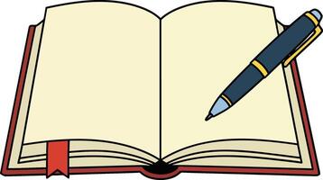Open book with blank pages and a stylish pen resting on top in minimal art style vector