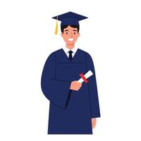 Happy male graduate in cap and gown, holding diploma, smiling joyfully, minimal design art vector