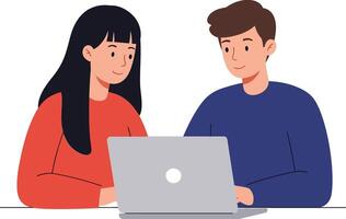 Two young professionals collaborating on a laptop with a modern flat design style in a bright, engaging atmosphere illustration vector