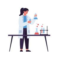 Scientist in a white lab coat conducting experiments with colorful liquids in test tubes, flat illustration vector