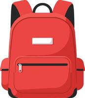 Bright red backpack with black accents featuring a front zipper pocket, flat design style, showcasing modern minimalism in art vector