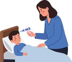 A caring mother checking her sons temperature with a digital thermometer in a flat illustration depicting a cozy bedroom setting vector