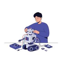 A young man assembling a friendly robot with wires and tools in a flat, minimal style illustration vector