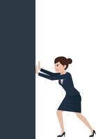 Determined businesswoman pushing against a large obstacle in a minimal flat design illustration showcasing perseverance and strength in a modern office setting vector