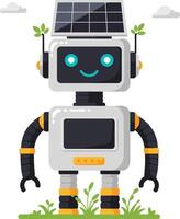 Friendly solar-powered robot standing in a green field with a cheerful expression in a flat illustration vector
