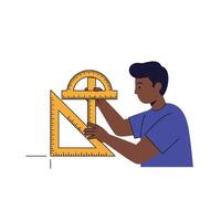 A young man using a protractor and triangle ruler for precise measurements in a flat, minimal design illustration vector