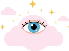 Eye peeking through fluffy pink clouds with sparkling stars in a minimal flat illustration vector