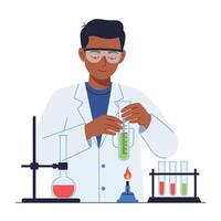 A scientist in a white lab coat conducting experiments with colorful liquids in beakers, showcasing a flat design style in vibrant art vector