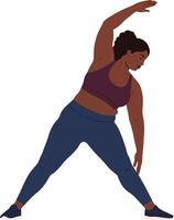 Woman stretching in a vibrant athletic outfit, demonstrating flexibility and strength in a flat illustration style with a focus on health and wellness art vector